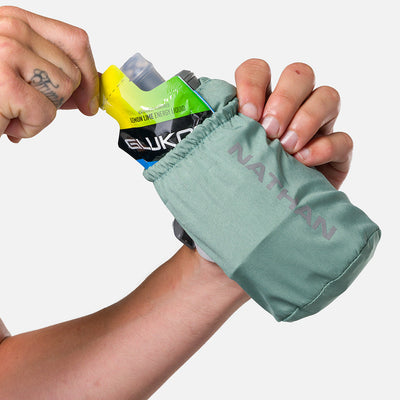 color:Sage Green/Reflective Silver||seo:Nathan Pinnacle Soft 18oz Flask Handheld  - Sage Green/Reflective Silver - Model Pulling Glukos Energy Gel (Lemon Lime Flavor ) from Pouch