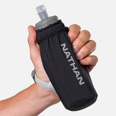 color:Black/Reflective Silver||seo:Nathan Pinnacle Soft 14oz Flask Handheld  - Black/Reflective Silver - Model Gripping Handheld Flask - Front View