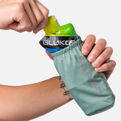 color:Sage Green/Reflective Silver||seo:Nathan Pinnacle Soft 14oz Flask Handheld  - Sage Green/Reflective Silver - Model Pulling Glukos Energy Liquid Gel (Lemon Lime Flavor ) from Pouch