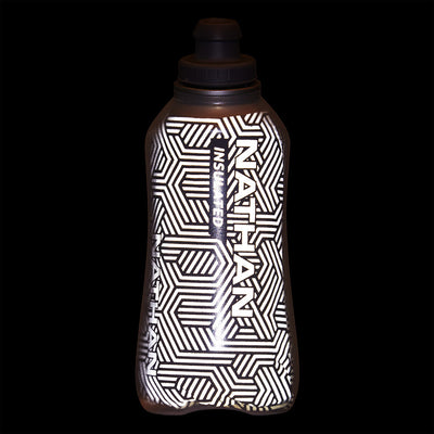 color:Ribbon Red/Reflective Silver||seo:Nathan SpeedDraw 2 Insulated 18oz Handheld Flask - Ribbon Red/Reflective Silver - Detail View of Reflective Highlights on 18oz Handheld Insulated Flask