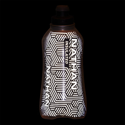 color:Black/Reflective Silver||seo:Nathan SpeedDraw 2 View Insulated 18oz Handheld Flask  - Black/Reflective Silver - Detail View of Reflective Highlights on 18oz Insulated Flask Bottle
