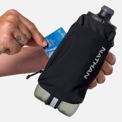 color:Black/Reflective Silver||seo:Nathan SpeedDraw 2 22oz Handheld Flask  - Black/Reflective Silver - Model Pulling Credit Card from Zippered Pouch