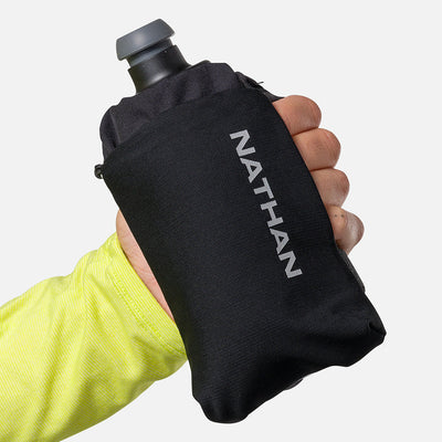 color:Black/Reflective Silver||seo:Nathan SpeedDraw 2 12oz Flask - Black/Reflective Silver - Model Gripping Handheld Flask - Front View