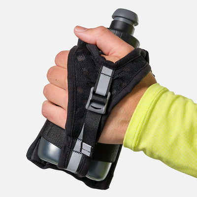 color:Black/Reflective Silver||seo:Nathan SpeedDraw 2 12oz Flask - Black/Reflective Silver - Model Gripping Handheld Flask - Back View