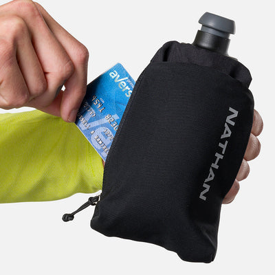 color:Black/Reflective Silver||seo:Nathan SpeedDraw 2 12oz Flask - Black/Reflective Silver - Model Pulling Credit Card from Zippered Pouch