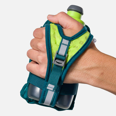 color:Deep Teal/Reflective Silver||seo:Nathan SpeedDraw 2 12oz Handheld Flask  - Deep Teal/Reflective Silver - Model Gripping Handheld Flask - Back View