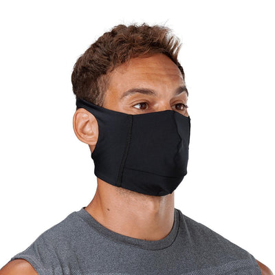 Black Play Safe Face Mask – Male Model Wearing Protective Safety Face Mask - Right Angle