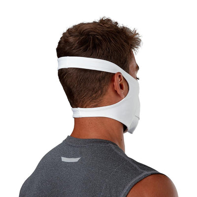 White Play Safe Face Mask – Male Model Wearing Protective Safety Face Mask - Back Angle Showing Straps
