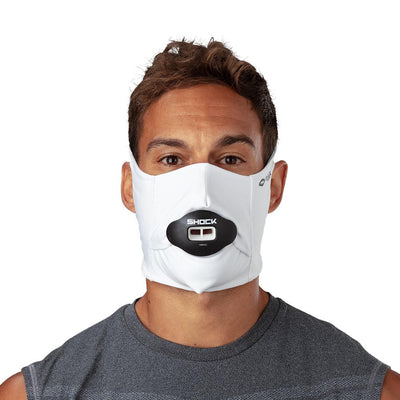 White Play Safe Face Mask – Male Model Wearing Protective Safety Face Mask with Max AirFlow Football Mouthguard - Front Angle