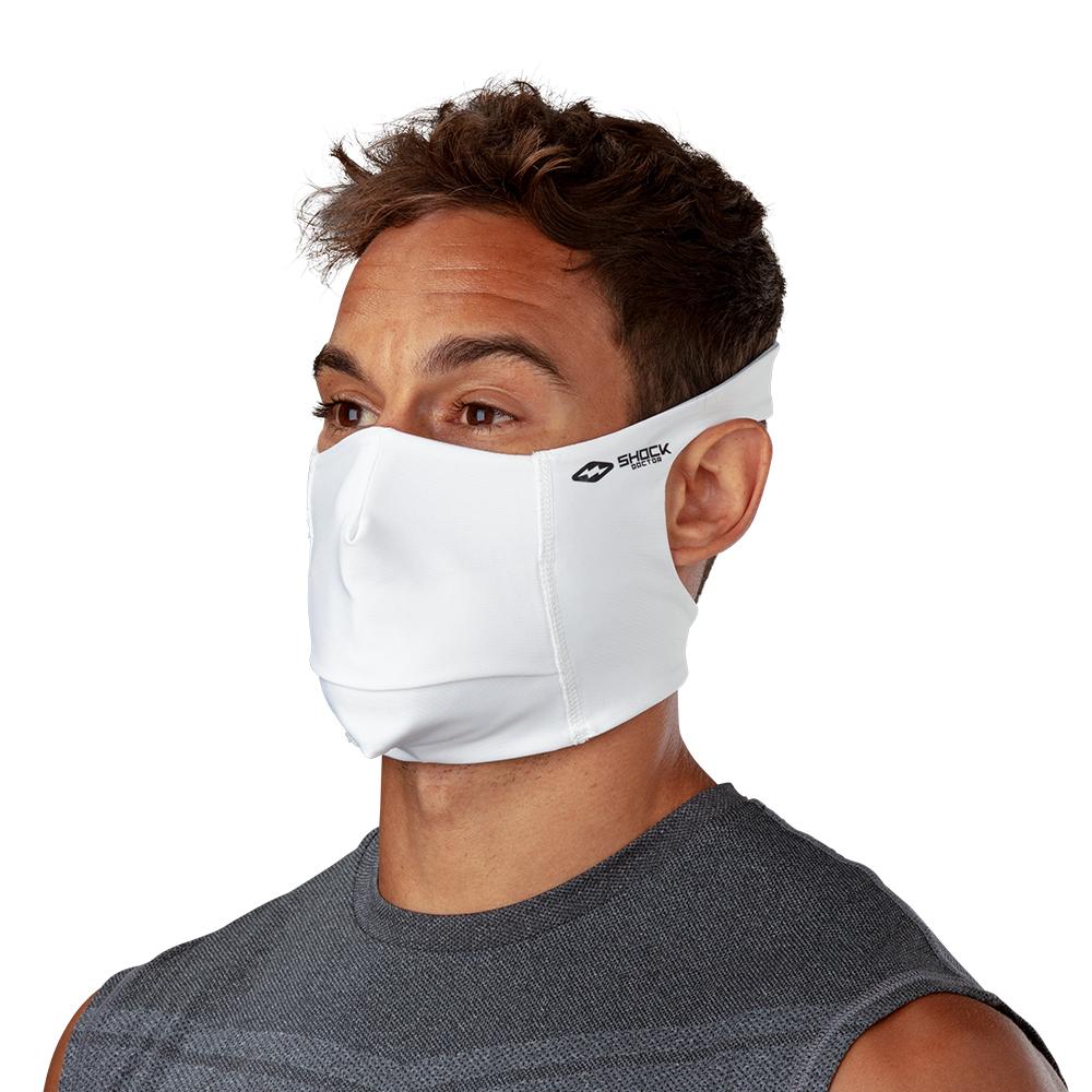 White Play Safe Face Mask – Male Model Wearing Protective Safety Face Mask - Left Angle