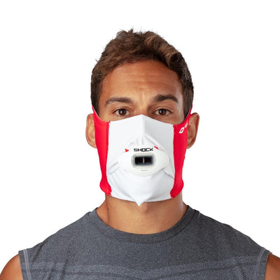Canada Flag Play Safe Face Mask – Male Model Wearing Protective Safety Face Mask with White Max AirFlow Football Mouthguard - Front Angle