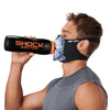 Skull Play Safe Face Mask – Male Model Wearing Protective Safety Face Mask while Drinking a Hydration Water Bottle - Left Angle