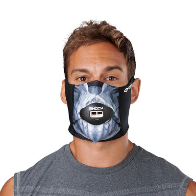 Skull Play Safe Face Mask – Male Model Wearing Protective Safety Face Mask with Max AirFlow Football Mouthguard - Front Angle