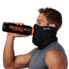 Black Play Safe Neck-Face Gaiter – Male Model Wearing Protective Safety Face and Neck Covering while Drinking a Hydration Water Bottle - Left Angle