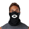 Black Play Safe Neck-Face Gaiter – Male Model Wearing Protective Safety Face and Neck Covering with White Max AirFlow Football Mouthguard - Front Angle