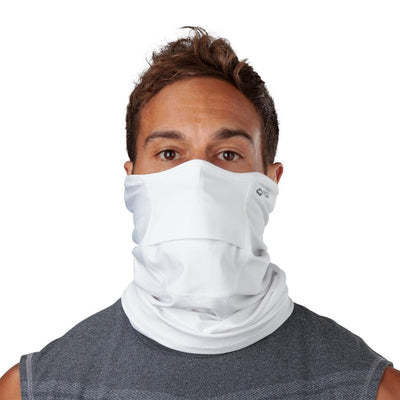 White Play Safe Neck-Face Gaiter – Male Model Wearing Protective Safety Face and Neck Covering - Front Angle
