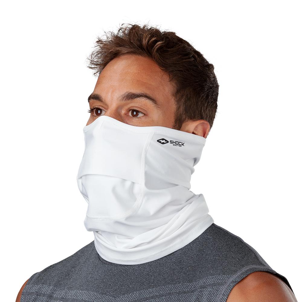 White Play Safe Neck-Face Gaiter– Male Model Wearing Protective Safety Face and Neck Covering - Left Angle