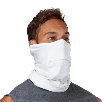 White Play Safe Neck-Face Gaiter – Male Model Wearing Protective Safety Face and Neck Covering - Right Angle