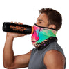 Drip Play Safe Neck-Face Gaiter – Male Model Wearing Protective Safety Face and Neck Covering while Drinking a Hydration Water Bottle - Left Angle