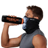 Skull Play Safe Neck-Face Gaiter – Male Model Wearing Protective Safety Face and Neck Covering while Drinking a Hydration Water Bottle - Left Angle