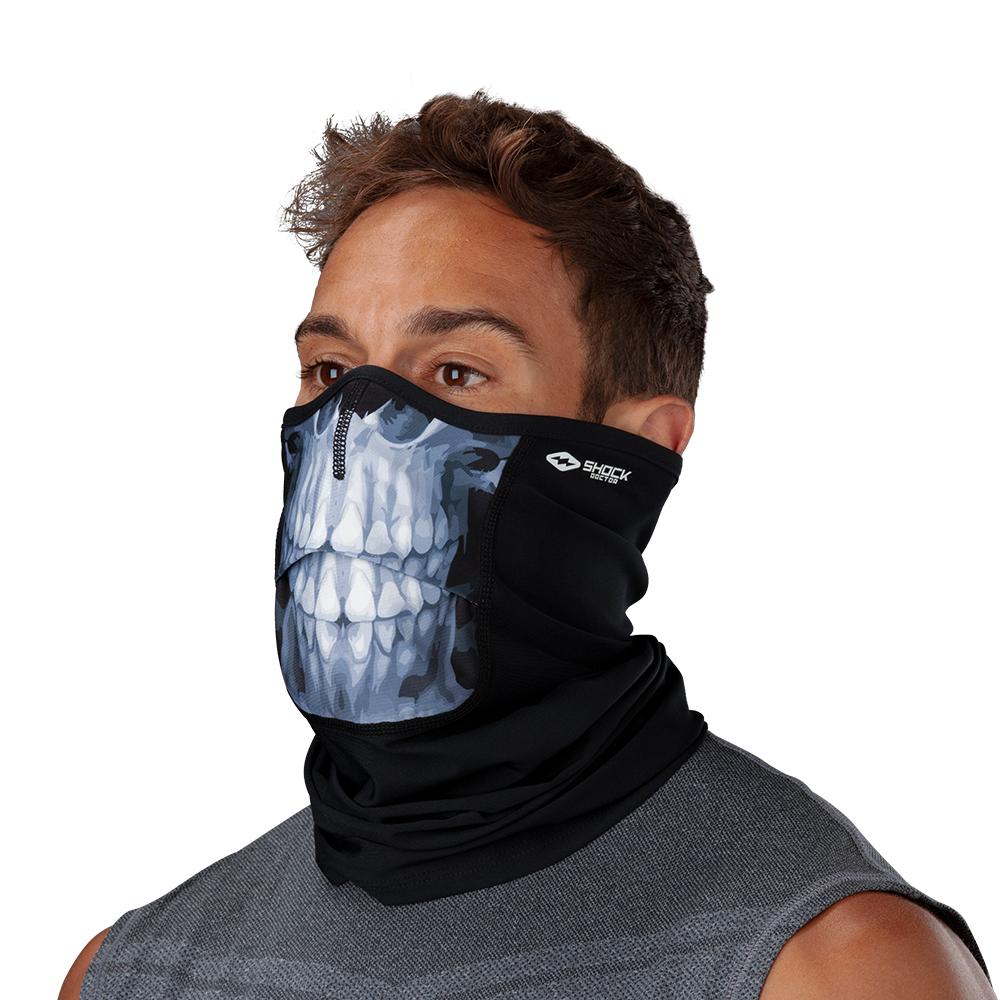 Skull Play Safe Neck-Face Gaiter– Male Model Wearing Protective Safety Face and Neck Covering - Left Angle